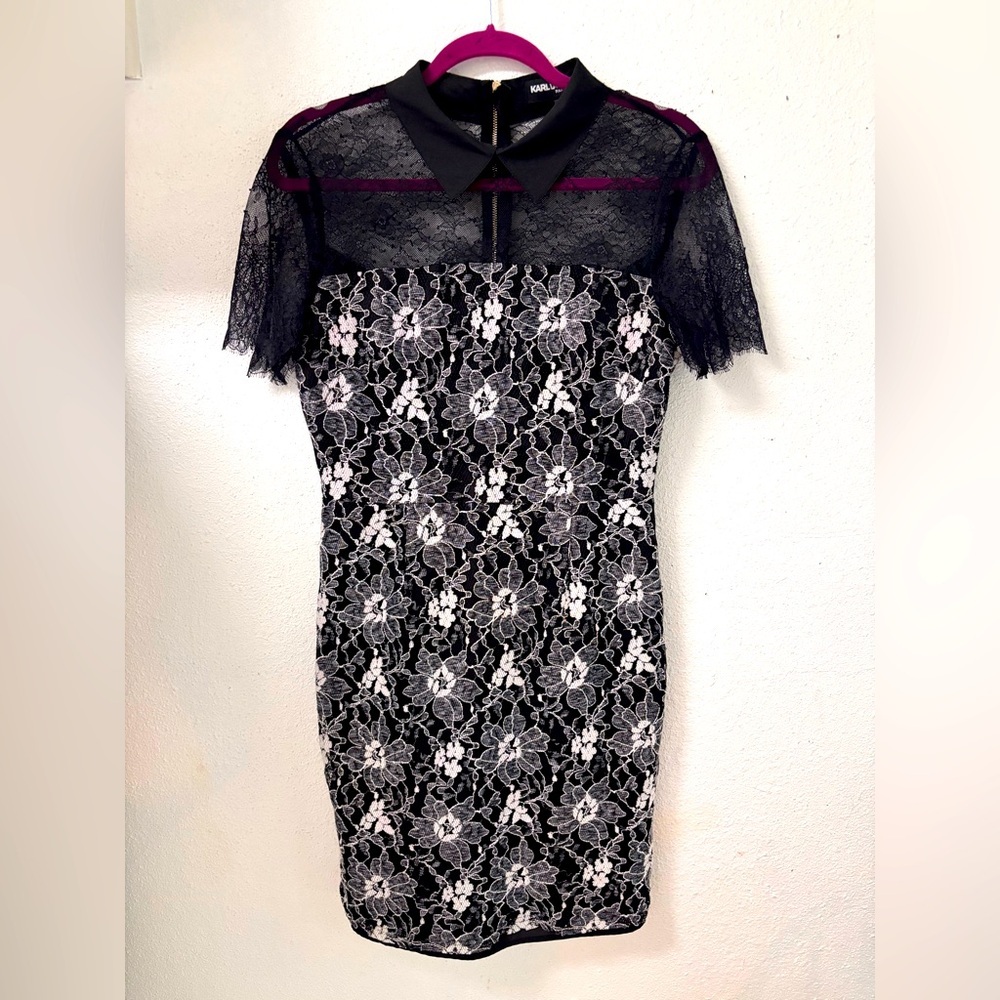 Karl Lagerfeld Peter Pan Collar  Lace Sheer Little Black Dress 6